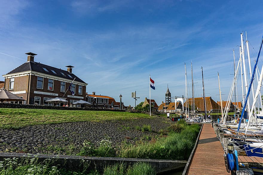 landsby, havn, Hindeloopen, bygninger, båter, flagg, flaggstang, turisme, holland