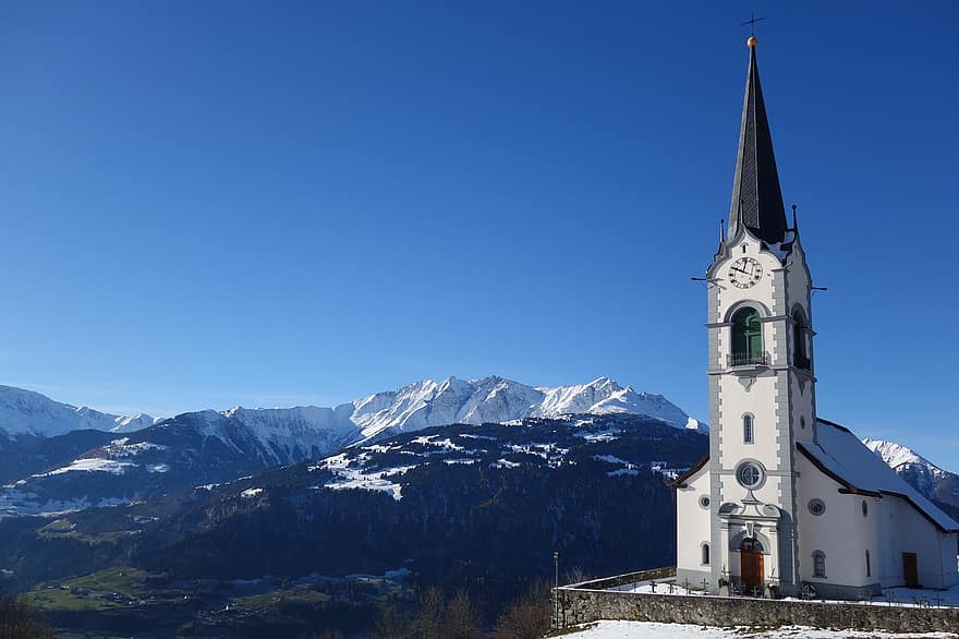 Igreja, arquitetura, montanhas, Alpes, alpino, montanhas de neve, neve, campanário, torre da igreja, arquitetura sacra, cadeia de montanhas
