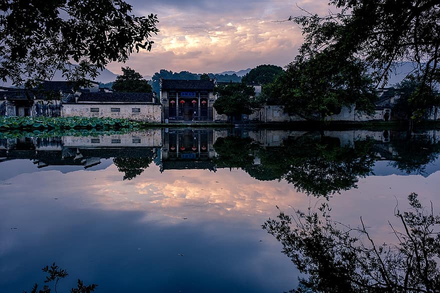 Hongcun, huizhou, anhui, Nanhu Academy, tidig morgon, gamla stan, reflexion, vatten, arkitektur, solnedgång, landskap