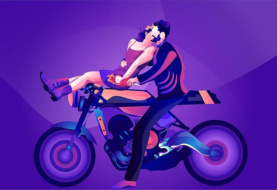 çift, Aşk, öpmek, bisiklet, motosiklet, binmek, tarih, romantik, ilişki, insanlar, mutlu