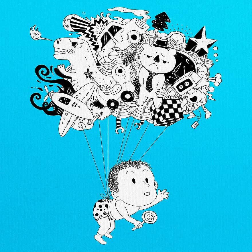 fantasi, air terjun, penerbangan, balon, anak laki-laki, bayi, mainan, beruang, pesawat, kubus Rubik, Lolipop