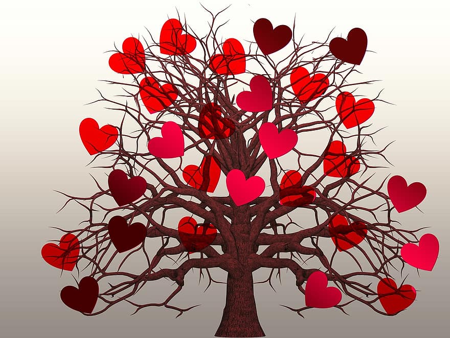 cuore, albero, amore, San Valentino, natura, romanza, abbaiare, affetto, sentimenti, rosso, fortuna