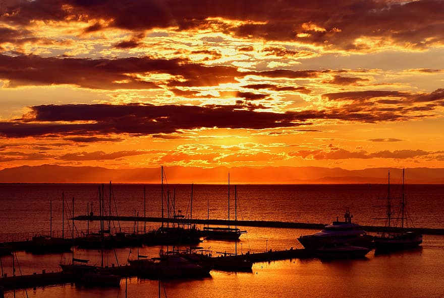 bateaux, mer, le coucher du soleil, Port, eau, ciel, des nuages, crépuscule, paysage marin, Thessalonique