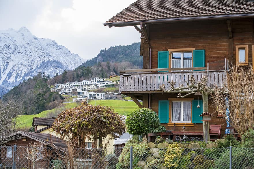 landsby, hus, by, ly, Schweiz, bjerg, arkitektur, landlige scene, sommerhus, træ, tag