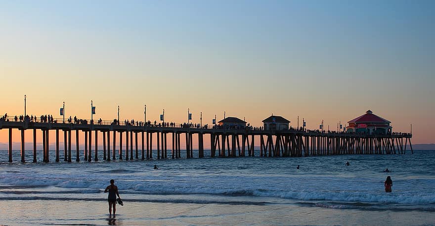 ビーチ、桟橋、日没、遊歩道、人、観光客、休日、カリフォルニア、水、海、海洋