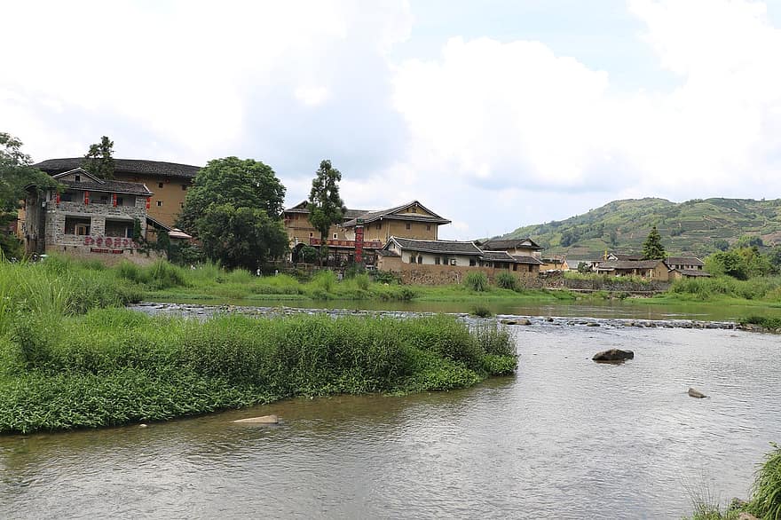 folyó, falu, Fujian Tulou, vidéki, folyam, patak, víz, kis falu, Tulou falu, vidéki táj