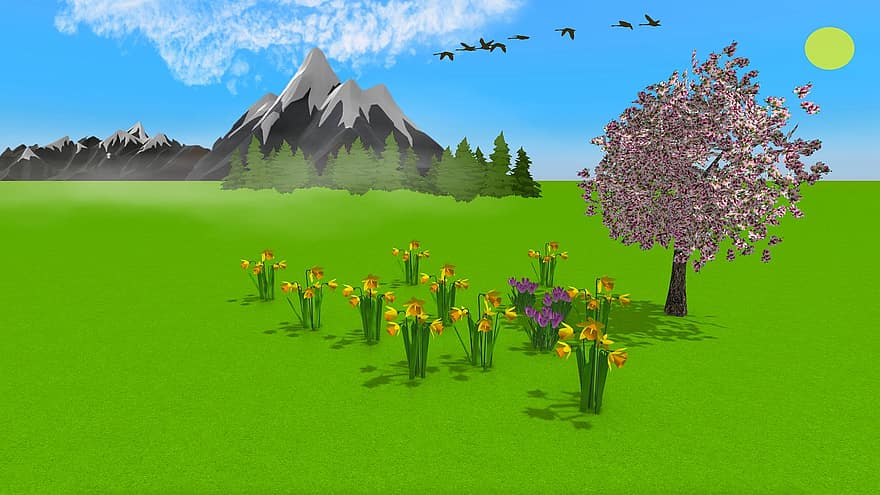 jaro, květiny, louka, Příroda, narcisy, flóra, krajina, hory, 3D vykreslování, tráva, muži