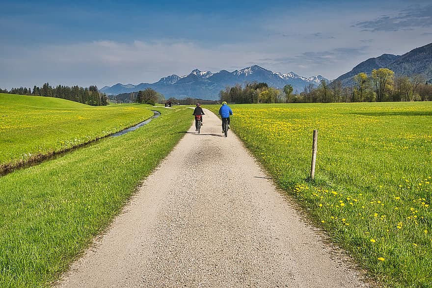 ścieżka, Ścieżka rowerowa, droga żwirowa, rowerzysta, góry, łąki, Natura, Jeździć na rowerze, dystans, chiemgau, Góra