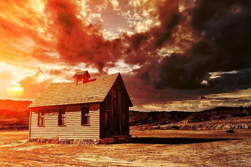 Dům, budova, poušť, západní, západ slunce, venkovské scény, krajina, dřevo, letní, mrak, nebe