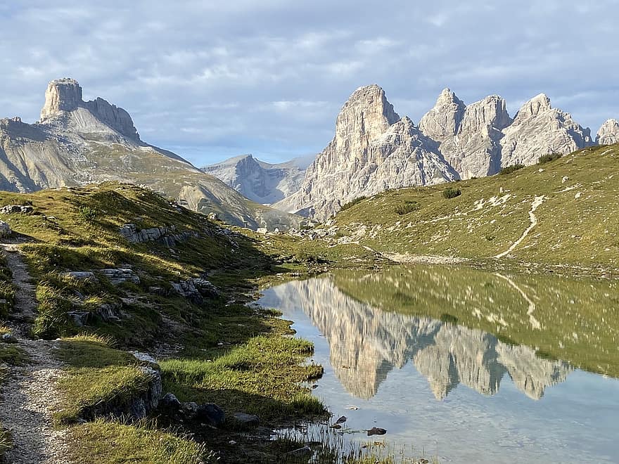 dolomitas, montañas, lago, Torre Dei Scarperi, naturaleza, paisaje, agua, reflexión, Rautkofel, tres picos, Alpes