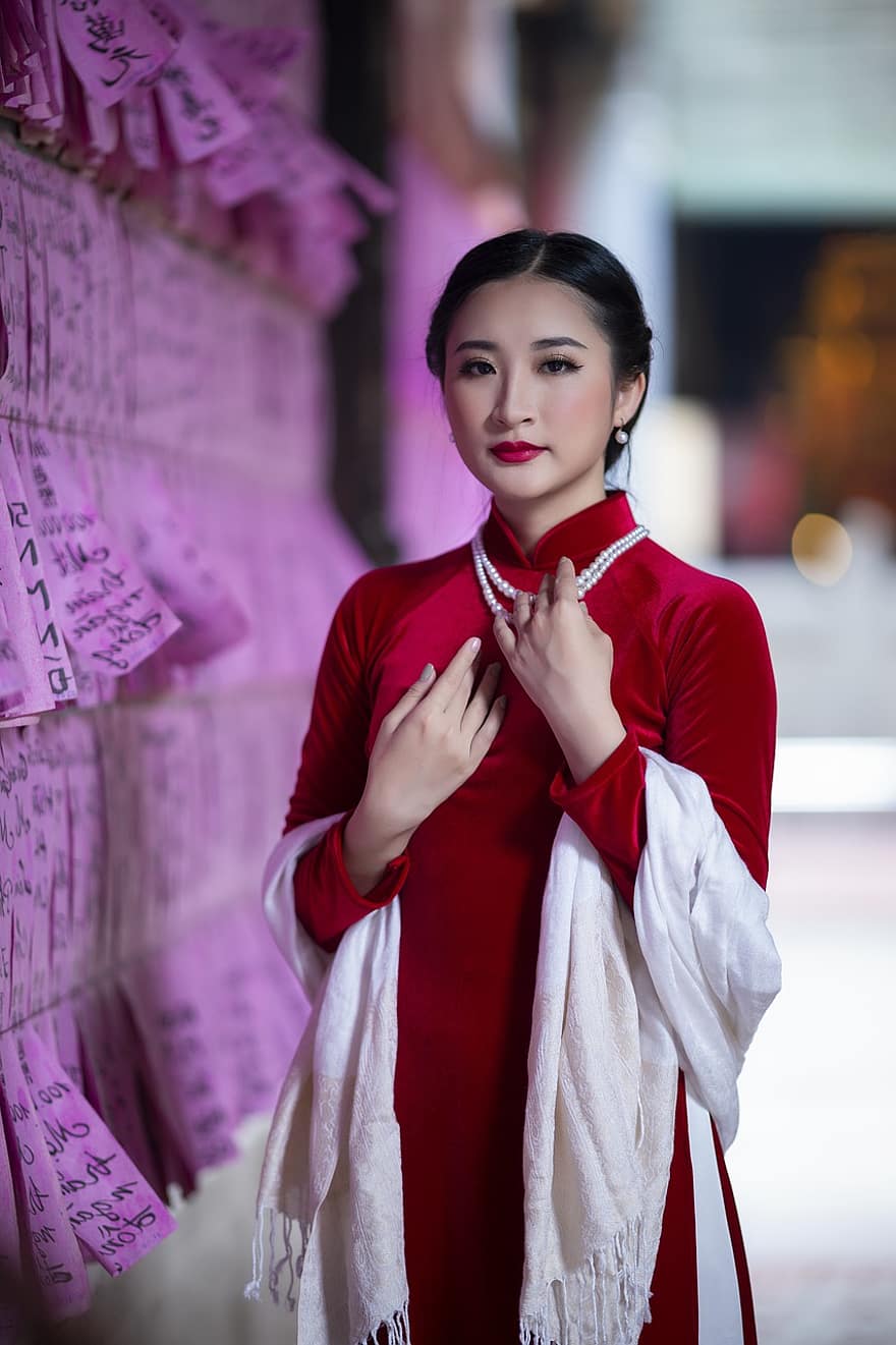 ao dai, divat, nő, vietnami, Vörös Ao Dai, Vietnami nemzeti ruha, hagyományos, ruha, stílus, szépség, szép