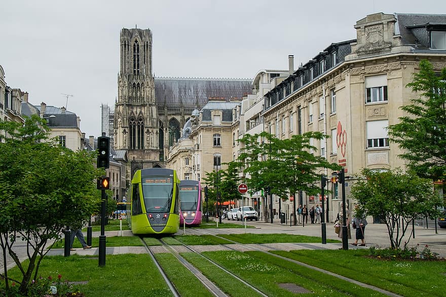 reims katedrāle, tramvajs, reims, Francija, katedrāle, baznīca, vēsturiska, orientieris, ceļot, transportu, pilsēta