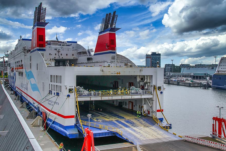 Ferry, Kiel, Germany, Car Ferry, Ship, Sea, Transport, Technology, Metal, Port, Loading