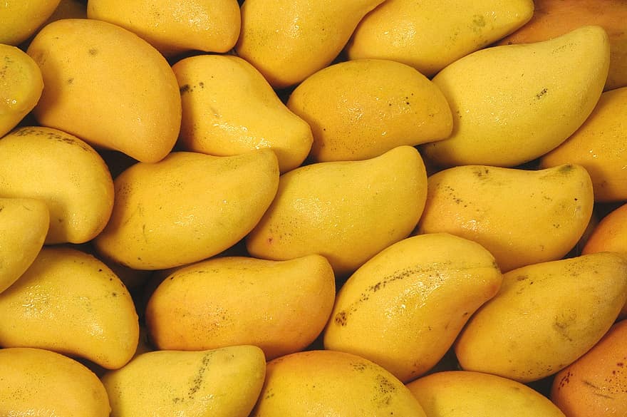 манго, фрукты, Спелые маго, рынок, крупный план, свежесть, фоны, желтый, питание, Вегетарианская еда, органический