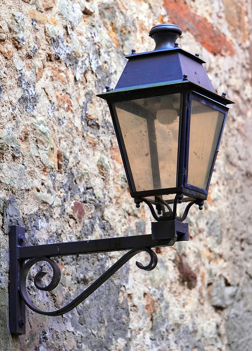 lampada, lanterna, storico, architettura, muro di pietra