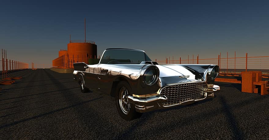 Thunderbird, Ford, Oldtimer, Auto, Automobile, Contour, Metallic, Sun Reflections, Shadow, Monochrome, 3d