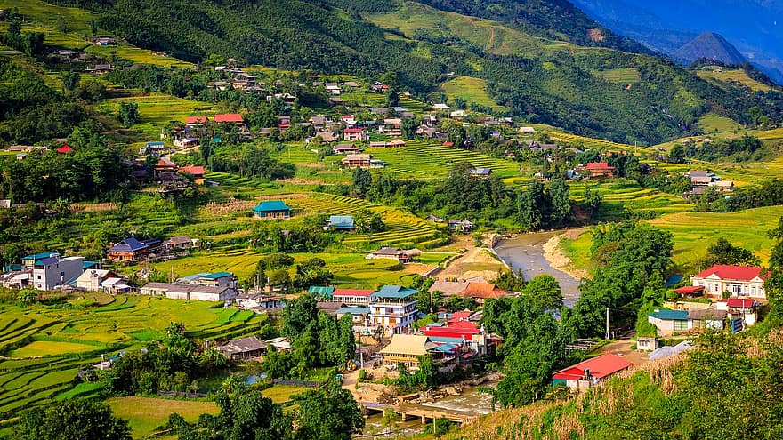 sa pa, χωριό, βουνό, βιετναμ, αγροτική σκηνή, τοπίο, αγρόκτημα, γρασίδι, πράσινο χρώμα, λιβάδι, ταξίδι