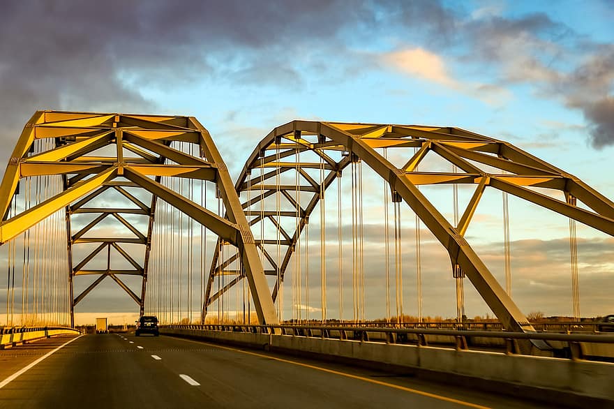 bro, vei, hovedvei, struktur, trafikk, kjøretøy, solnedgang, reise