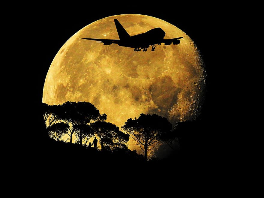 пълнолуние, нощ, самолет, летене, тръгване, начало, луна, лунна светлина, лунни кратери, небе, тъмнина
