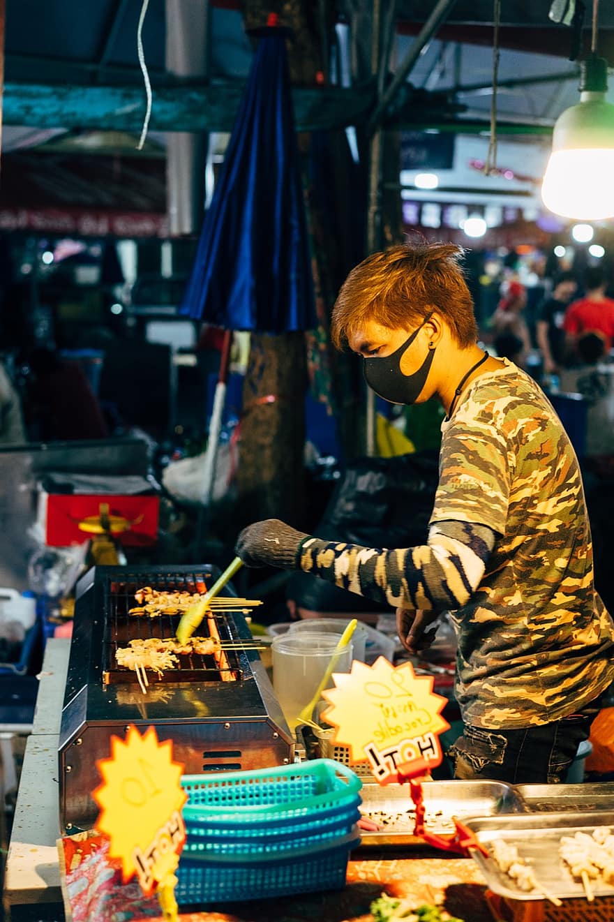 man, gezichtsmasker, straatmarkt, koken, markt, voedsel, menselijk, boodschappen doen, muziek-, bedrijf, Thailand