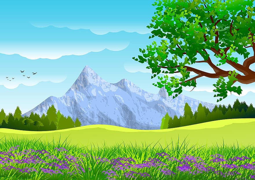 illustration, landskap, bakgrund, tapet, himmel, moln, blå, grön, natur, träd, skog
