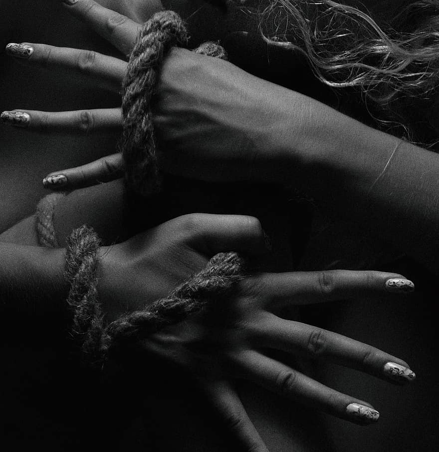 Model, Monochrome, Body, Hands, human hand, women, close-up, black and white, adult, rope, one person