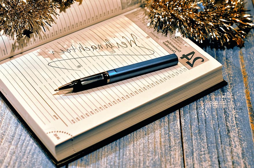 notitieboekje, aantekeningen, pen, kerstmis kalender, Kerstslinger, Kerstmis, december, kerstlichten, winter, decoratief, decoratie