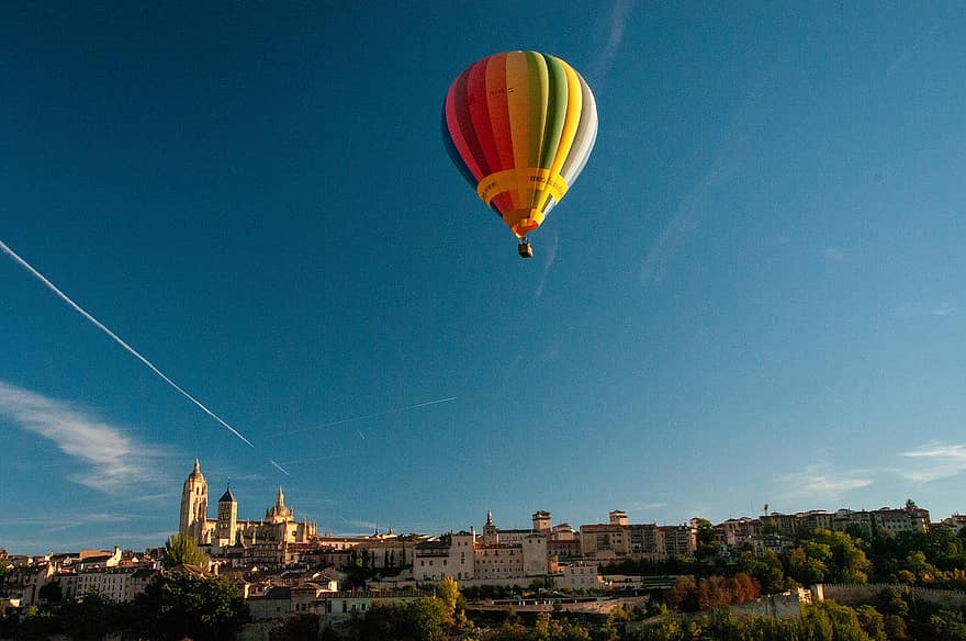 varmluftballon, flyvende, himmel, landskab, eventyr, udsigt, Segovia