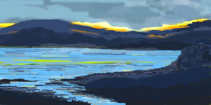 angra, lago, desenhando, panorama