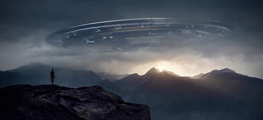 ファンタジー、風景、宇宙船、UFO、浮く、飛行物体、光、雲、人、シルエット、山岳