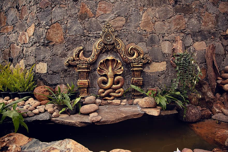 Pond, Naga, Cobra, Sculpture, Naga World, Snake, Reptilian Goddess, Religion, Rocks, Antique, Stone Wall