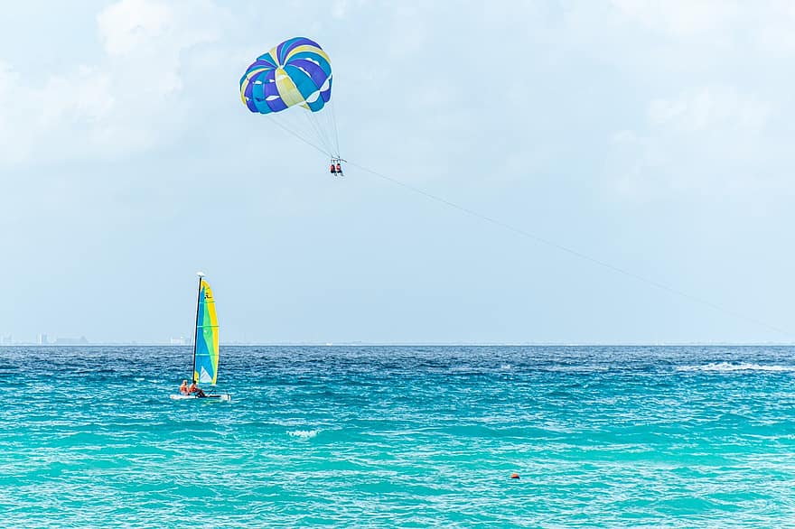 vannsport, båt, fallskjerm, seilbåt, vann, hav, tropisk, caribbean, ekstremsport, sport, blå