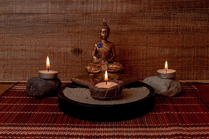 buddha, statula, žvakės, dvasinis, meditacija, taika, atsipalaidavimas, skulptūra, žvakių šviesa, arbatos žvakės, religija