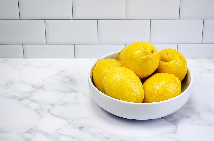 jeruk lemon, buah-buahan, mangkuk, makanan, jeruk, buah kuning, organik, menghasilkan, merapatkan