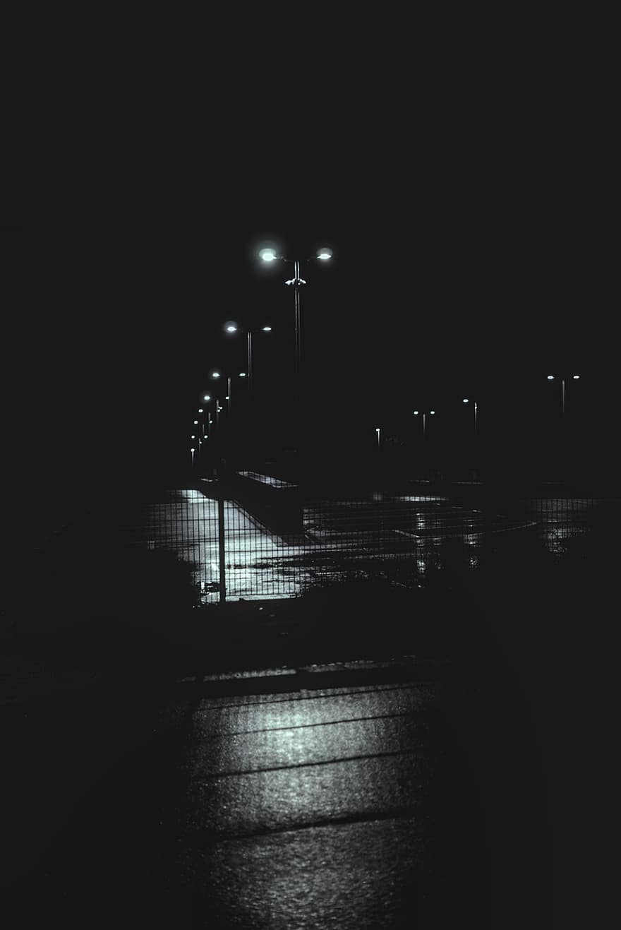 Νύχτα, σκοτάδι, βλοσυρός, δρόμος, λάμπα