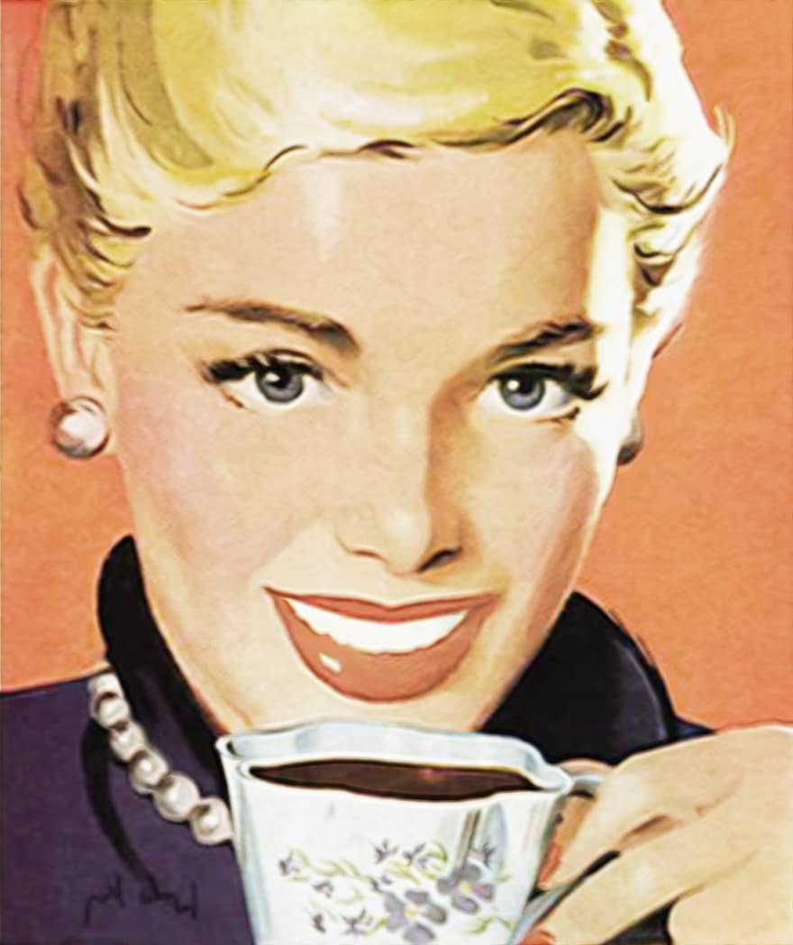 kaffe, te, årgang, gammeldags, gamle annonser, kvinne drikker kaffe, drikker te, blond, blond kvinne, kopp, drikke