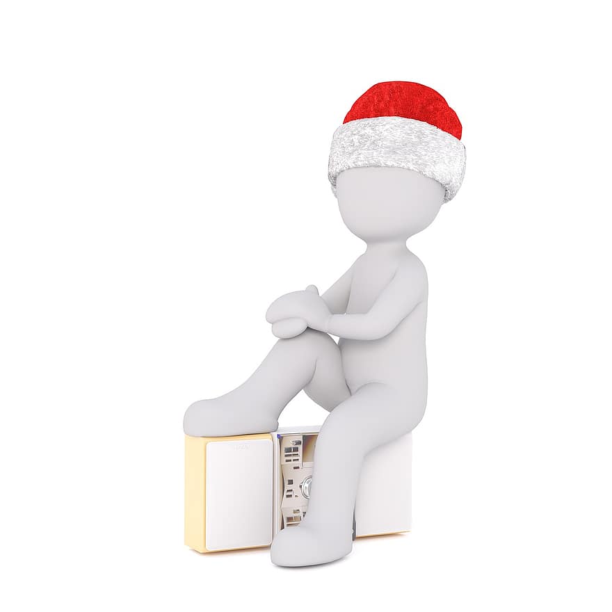 hvit mann, 3d modell, figur, hvit, jul, santa hat, sitte, radio, opptaker, musikk boks, Full kropp
