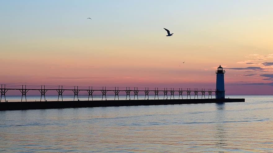 costa, mar, crepúsculo, por do sol, Lago Michigan, manicure, farol, gaivota, agua, litoral, azul