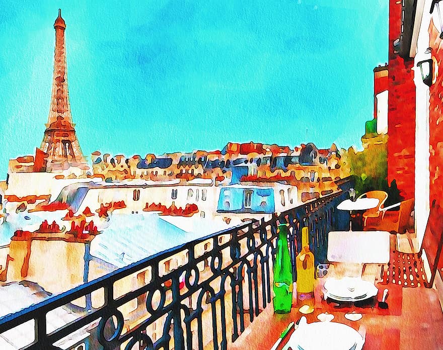Aquarell Paris Balkon, Paris, Frankreich, Frühstück, Kaffee, Croissants, Wein, Blumen, Eiffelturm, Pflanzen, die Architektur