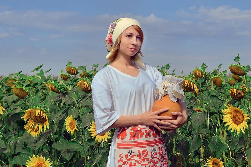 Woman, Model, Folk Costume, Field, Sunflowers, Harvest, Pot, Ceramic, Embroidery, Peasant, Villager