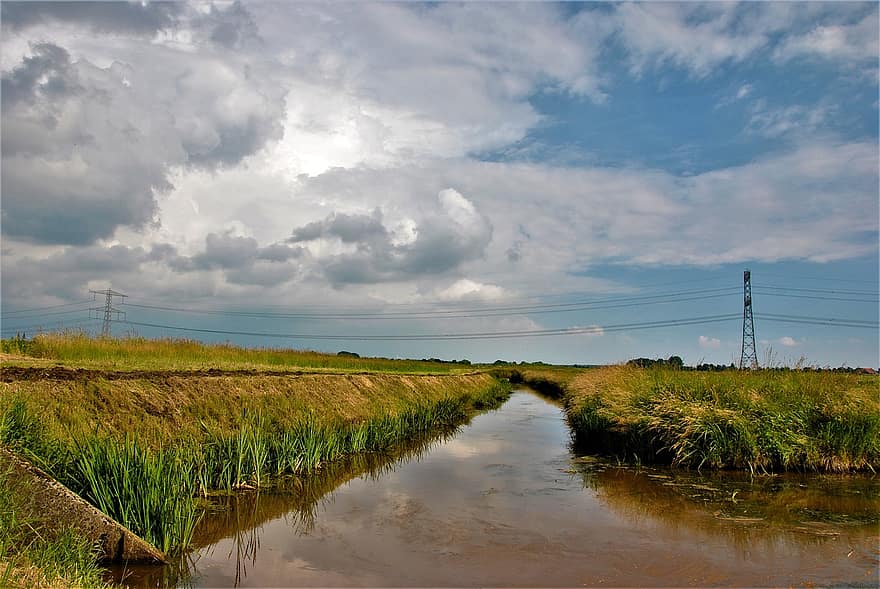 River, Stream, Creek, Field, Meadow, Grass, Weather, Cumulus, Sunlight, Meteorology, Nature