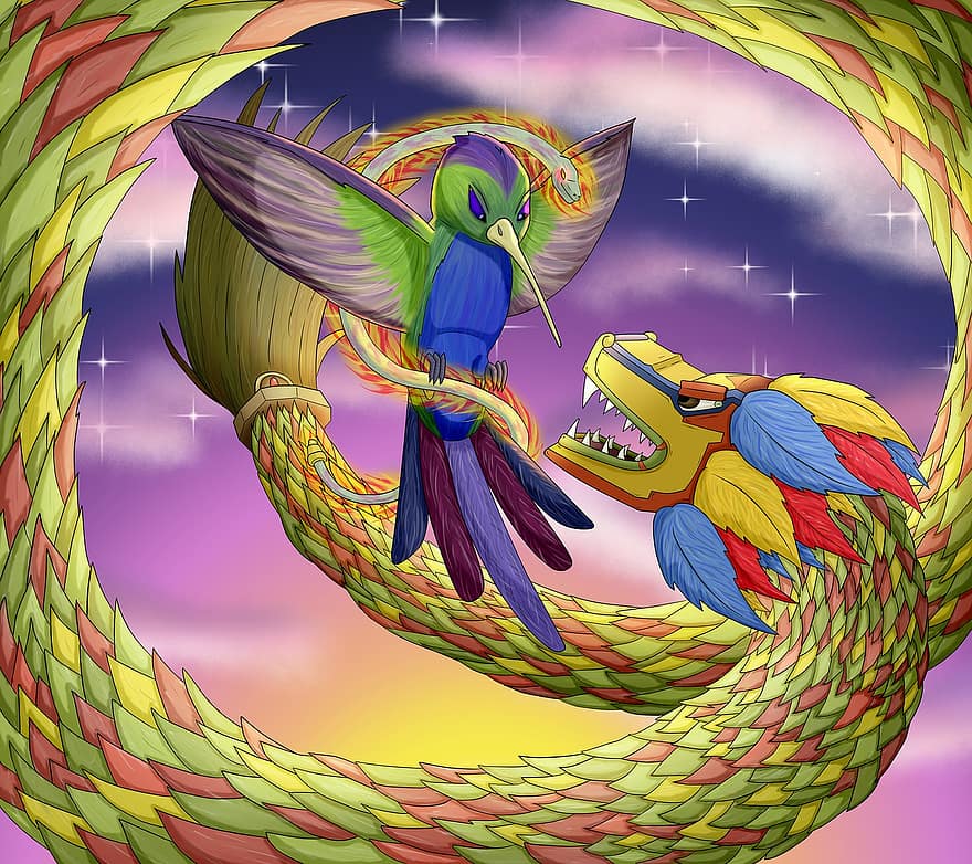 drac, ocell, fantasia, déus, lluita, quetzal, quetzalcoatl, serp, deïtat, mite, cel