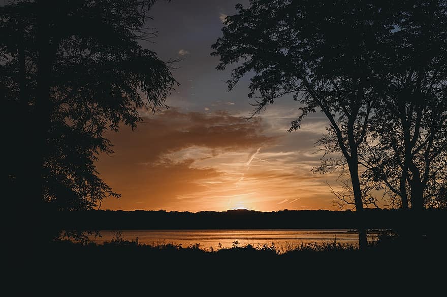 Embalse de Eagle Creek, Indiana, puesta de sol, depósito, Parque de Indianápolis, Indy Park, naturaleza