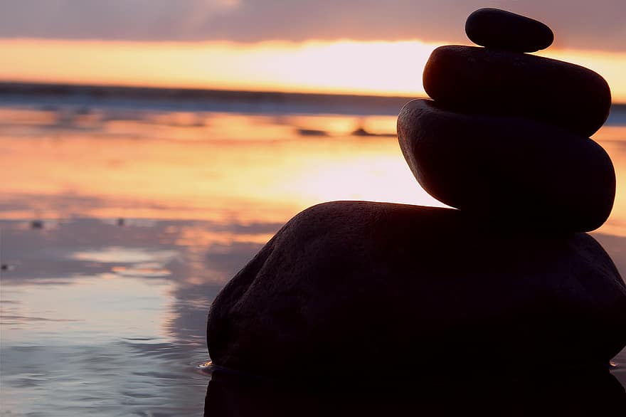 Beach, Sunset, Stone Cairn, Landscape, Nature, Scotland, stone, tranquil scene, balance, relaxation, rock