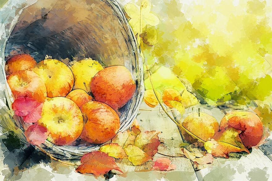 تفاحة ، الخريف ، ورقة الشجر ، سلة ، باق على قيد الحياة ، طبيعة ، حصاد ، فاكهة ، طعام ، خشب ، الموسم