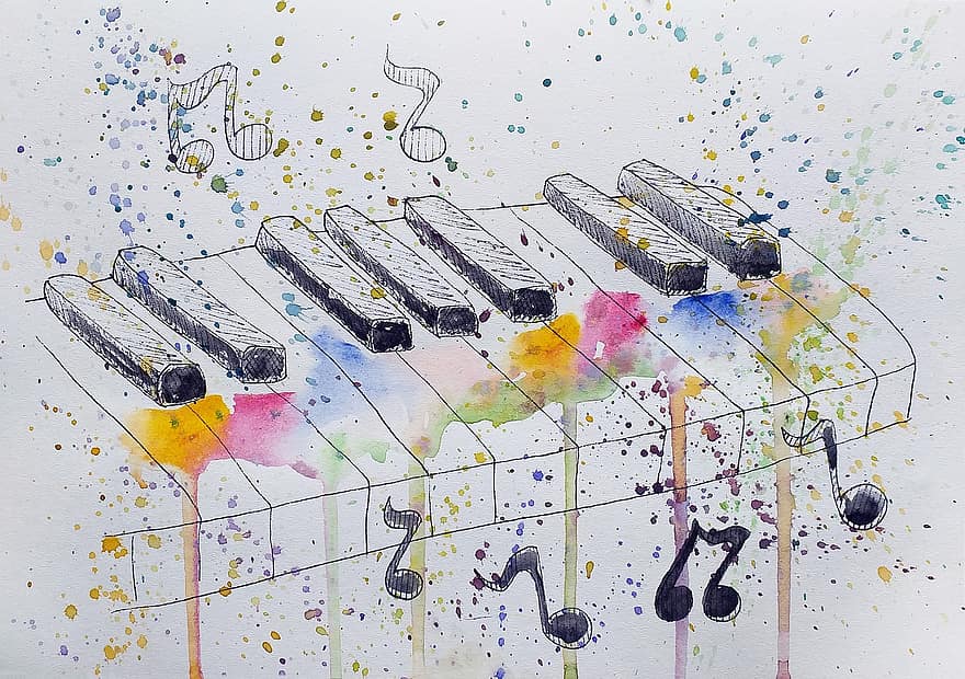 piano, musik, vattenfärg, nycklarna, Handgjord grafik, Traditionell konstnär, Akvarell fläckar, musik instrument, nycklar, målarfärger, blottar