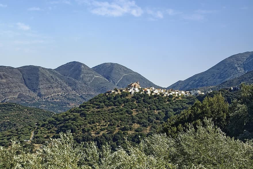 montagne, collina, alberi, Grecia, Creta, Regione Heraklion, paesaggio, nuvole, viaggiare, turismo, panorama