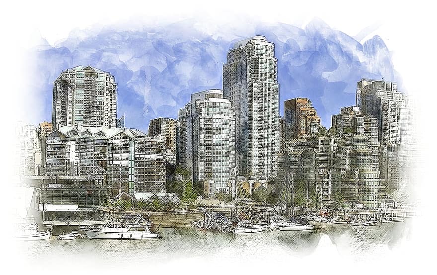 skitse, vancouver, skyline, design, by, bygning, downtown, arkitektur, Canada, bybilledet, ejendom