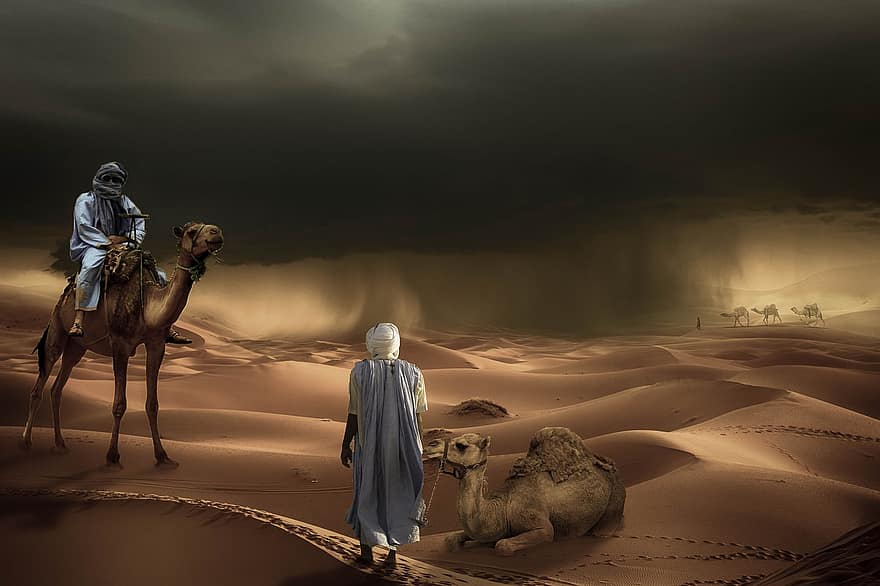 fantasi, öken-, kameler, framåt-, arabs, fantasi bild, humör, komponera, mystisk, husvagn, sagor