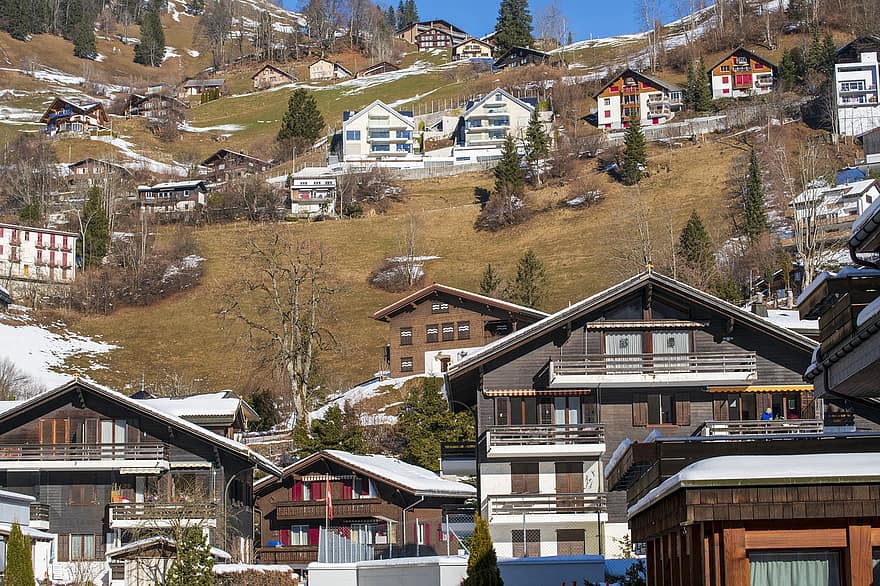 hus, landsby, vinter, høyde, fjell, snø, by, bygninger, arkitektur, Engelberg